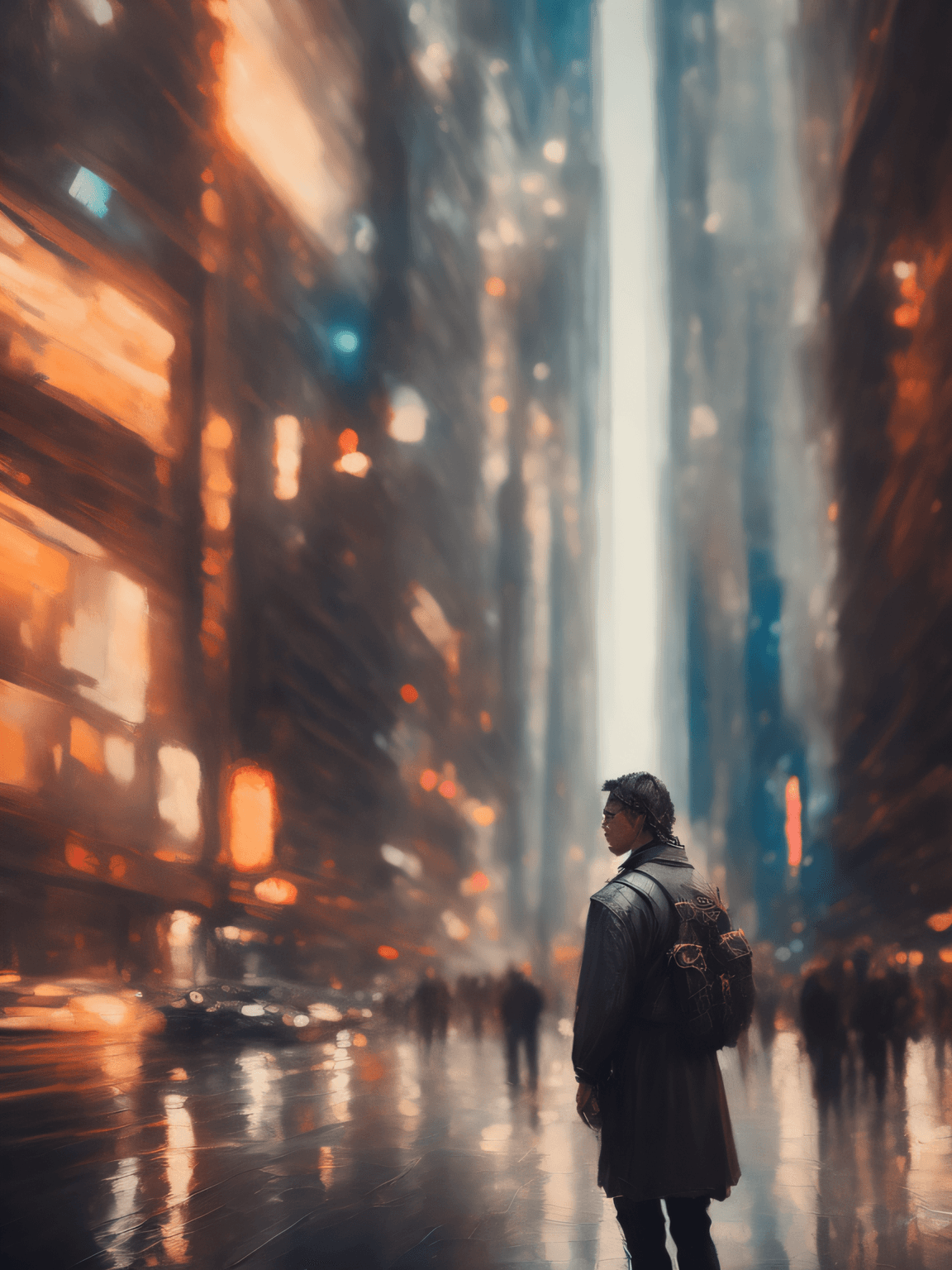 AI generated: a painting of a character standing in a city, a character portrait, artstation hd, detailed painting...