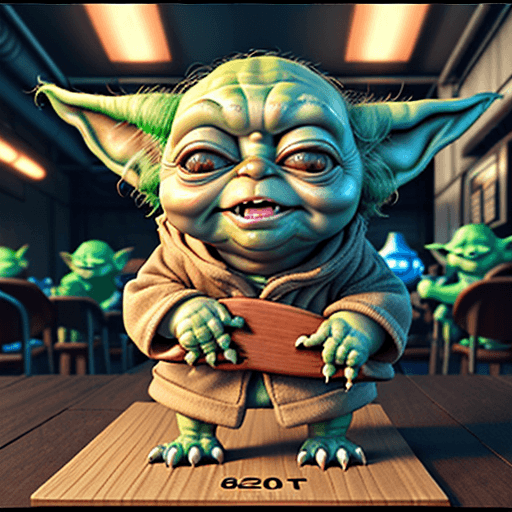 AI generated: 3D DIGITAL ANIMATION OF THE CARICATURED REALISTIC BABY YODA, GRIMACING EXAGGERATEDLY, AND QUIRKY, HO...