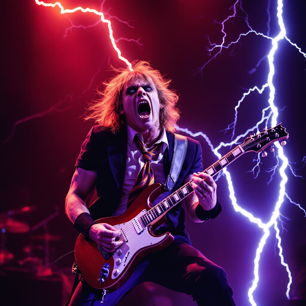 AI generated: acdc playing hit song thunderstruck and angus young in his school boy costume with wings of lightnin...