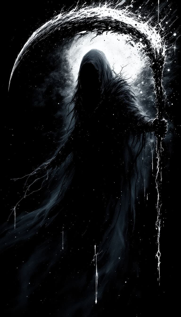 AI generated: A being from a realm beyond the reach of time enters our world, wielding a scythe that appears to be...