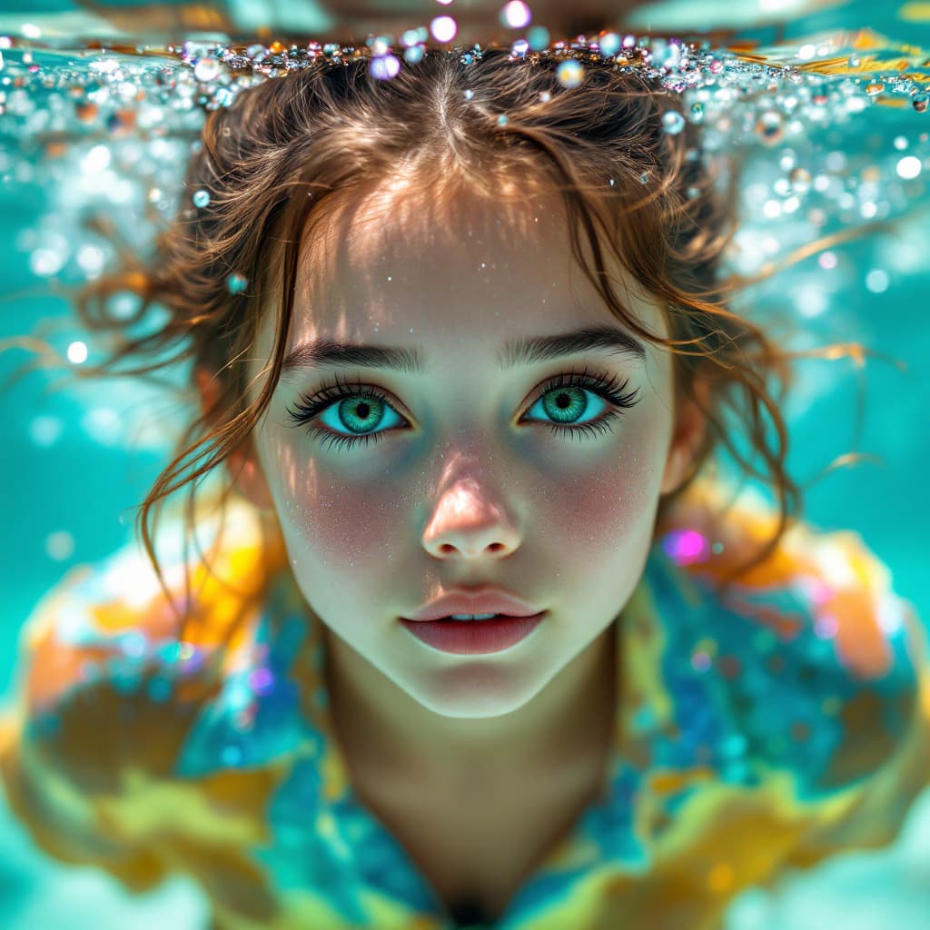 AI generated: A beautiful girl with big green eyes and long eyelashes is swimming underwater. The water around her...