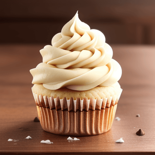 AI generated: a vanilla cupcake on a   have chocolate on top of it
 wooden table