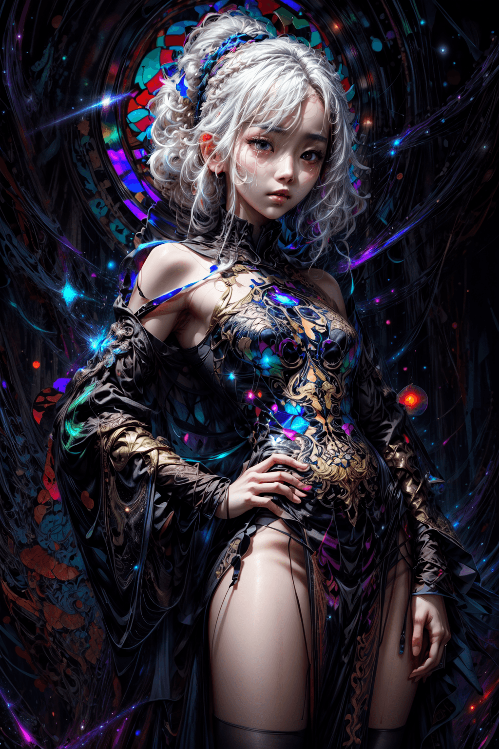 AI generated: (stained glass dress:1.5), (beautiful young Korean woman, with white hair in a braided ponytail, han...