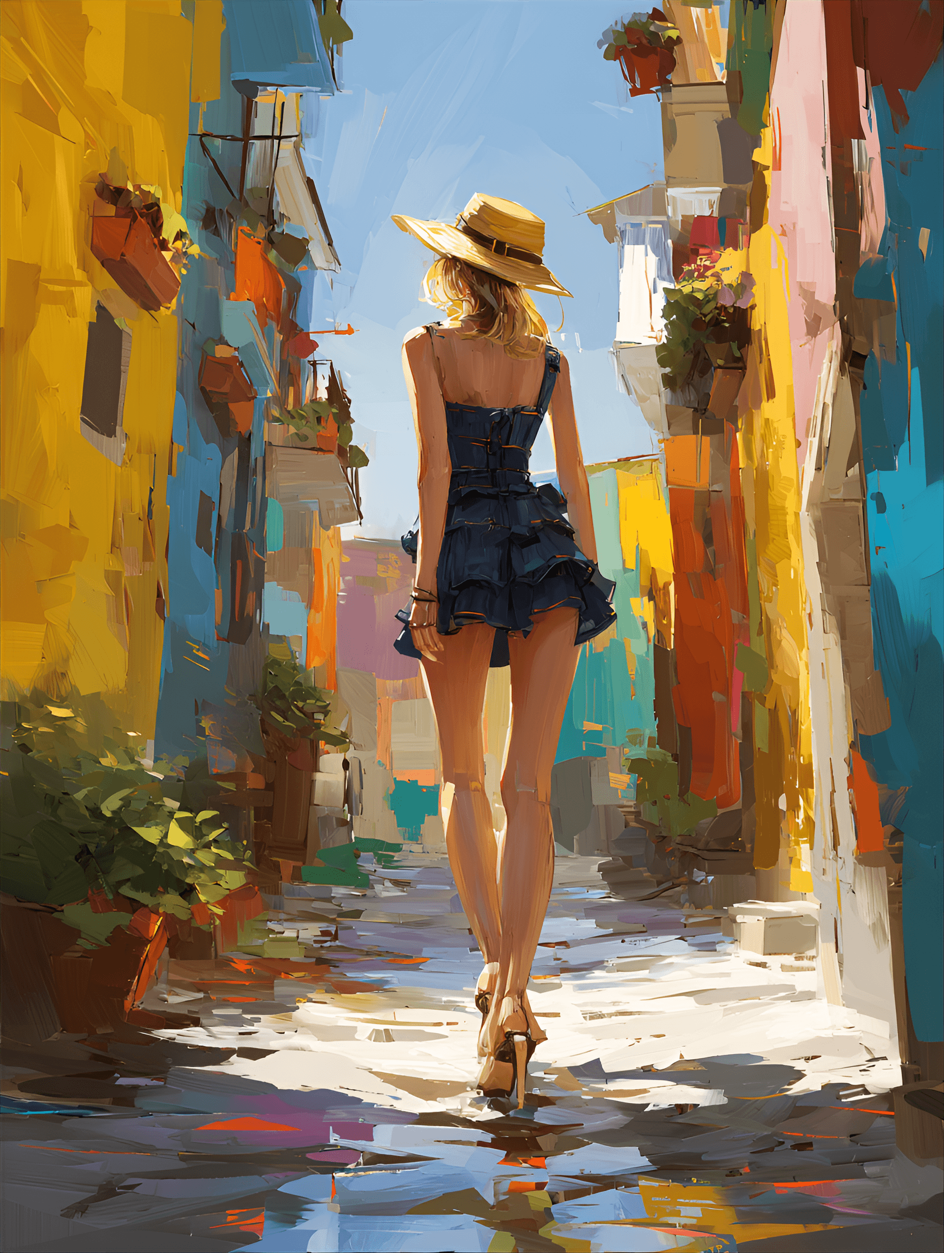 AI generated: woman with light blonde hair, likely in her 20s or 30s, is depicted walking down a colorful, narrow ...