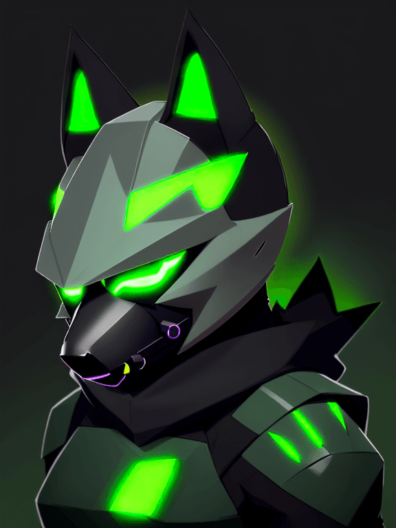 AI generated: mostly green Protogen headshot furry; simple black complete protogen face visor; head and ears furry...