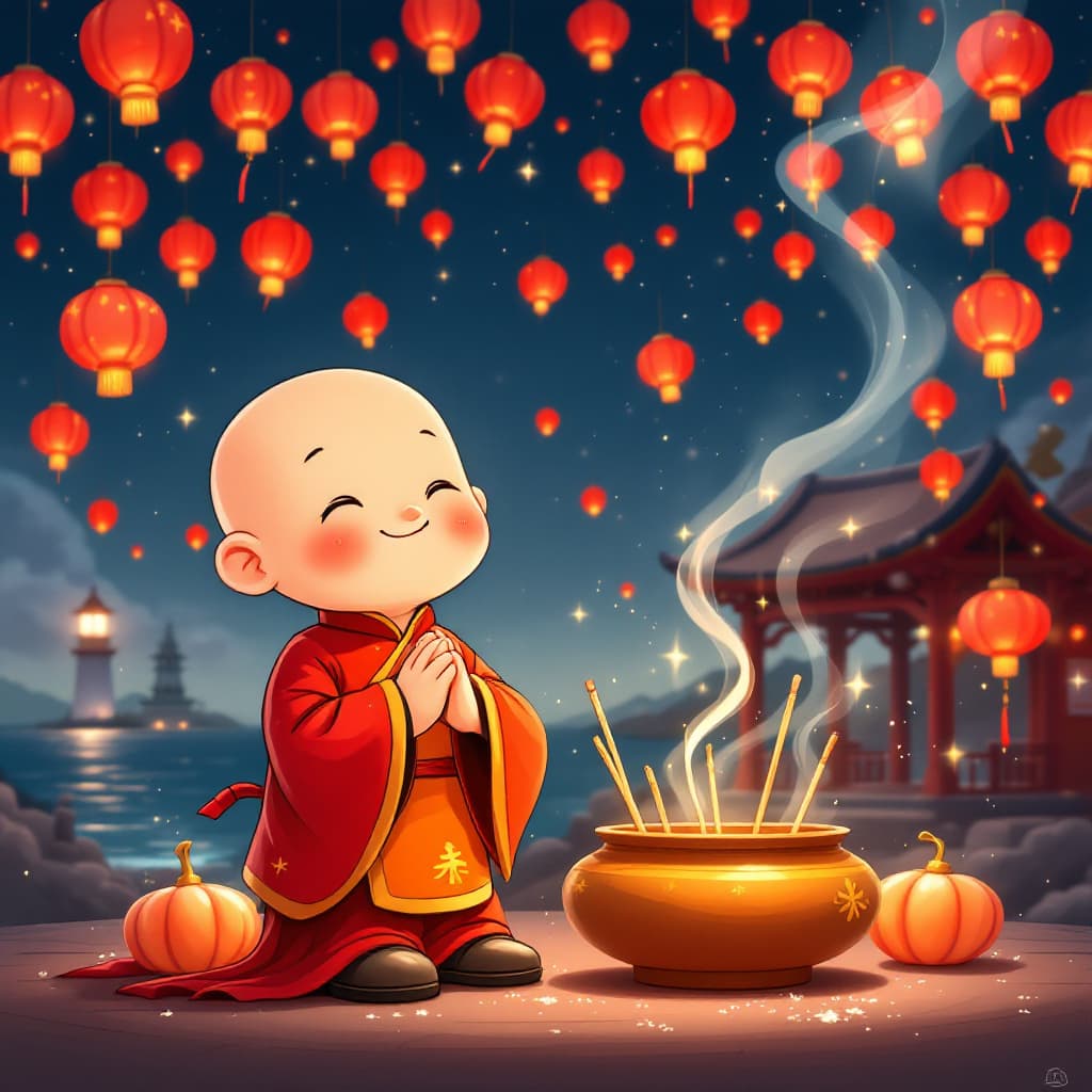 AI generated: A cartoon of a cute little Chinese Taoist priest rendered in Japan, with his hands clasped together,...