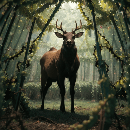 AI generated: an elk made of ( ( ( ( vines and branches ) ) ) )!!!!! stands in the middle of a dark forest <lora:F...