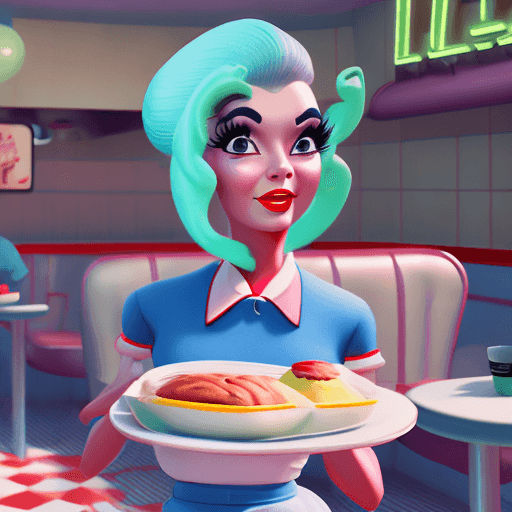 AI generated: A 1950's diner waitress mixed with alien hybrid, super cute, 1950's esthetic, alien fused with male ...