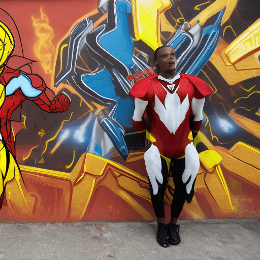 AI generated: a blackman in a red and yellow superhero suit  fighting a white man in a dog superhero suit, in fron...