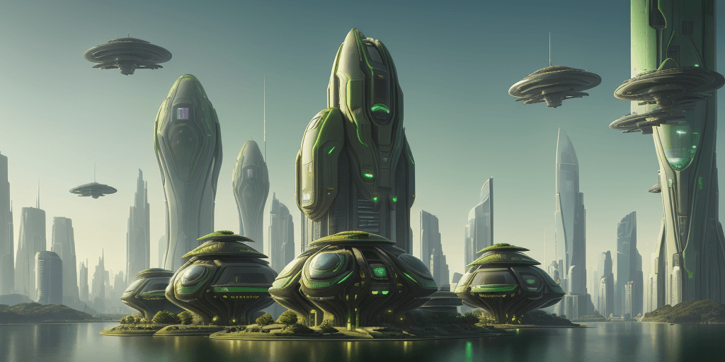 AI generated: a futuristic colony on a green Mars, a big city build in Arcology style, Busy traffic of futuristic ...
