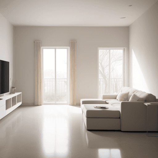 AI generated: Photograph, contemporary living room, soft light of morning, integration of beige flooring and matte...