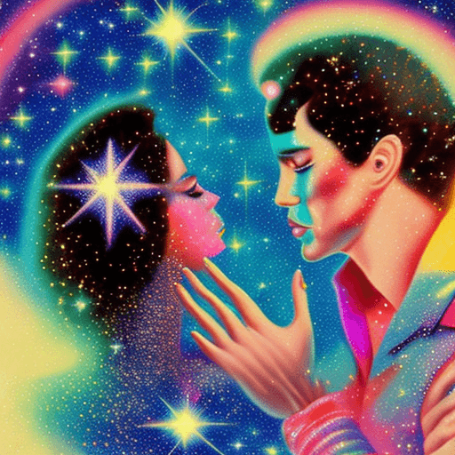 AI generated: a authentic 70s airbrush illustration, two lips hands in space touching, between finger a big bang l...