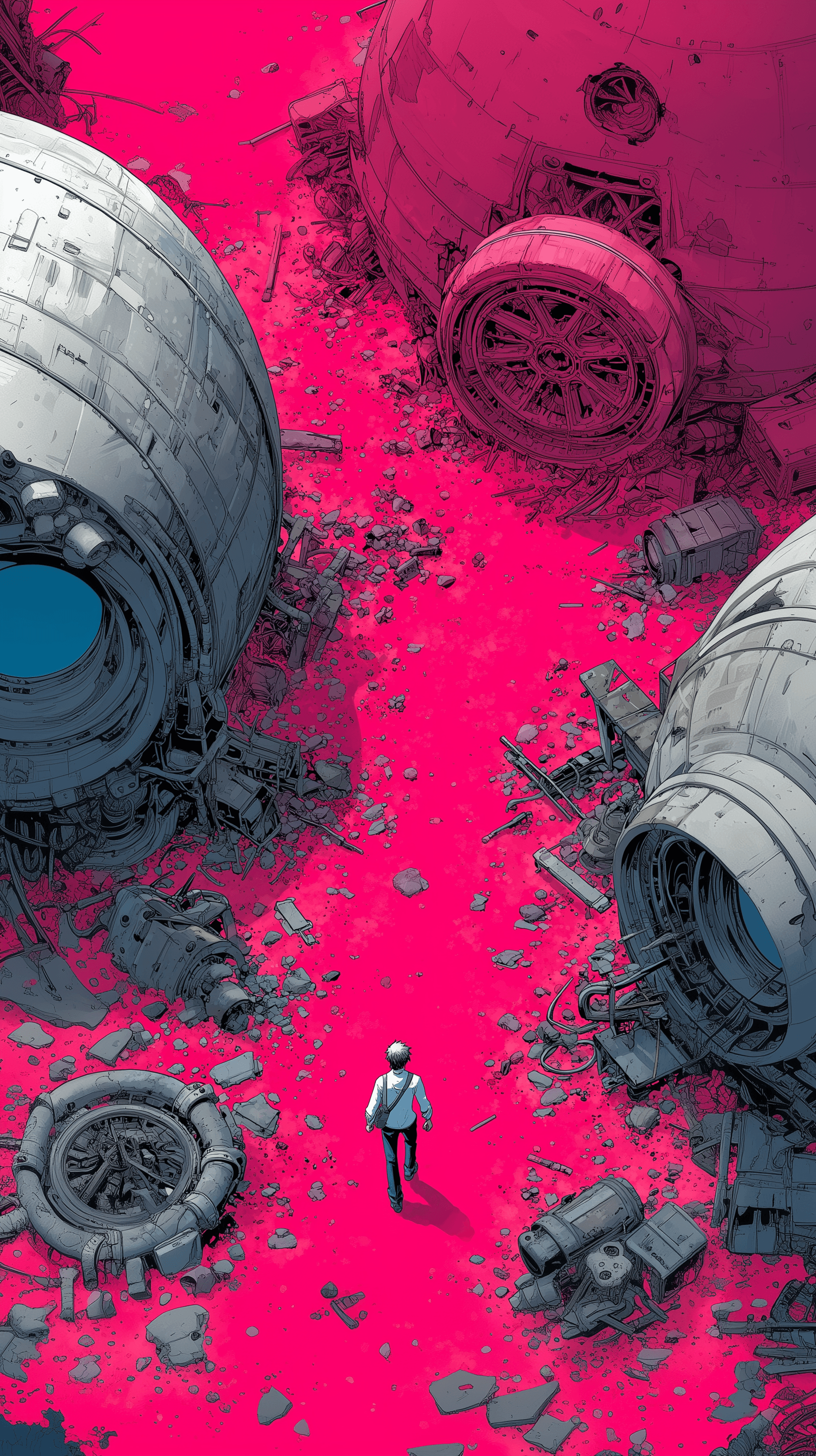 AI generated: illustration art, aerial view, character design, messive mechanical style, staring to front, clean s...