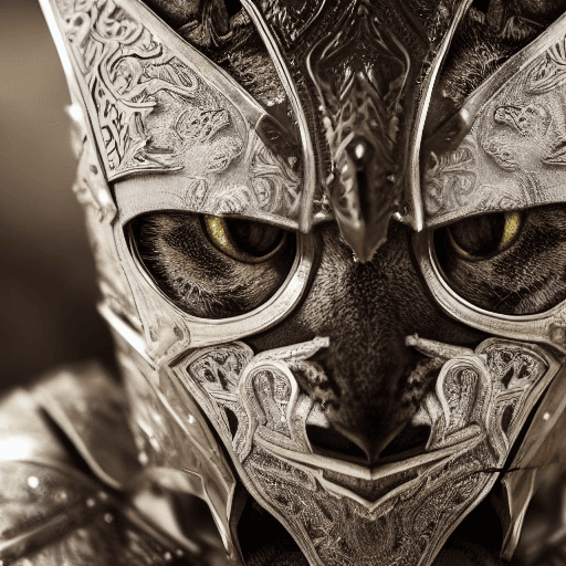 AI generated: kneeling cat knight, portrait, finely detailed armor, intricate design, silver, silk, cinematic ligh...