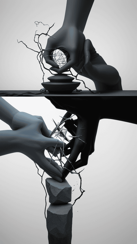 AI generated: Compose a striking visual representation of "Conflict" by portraying two distinct objects deliberate...