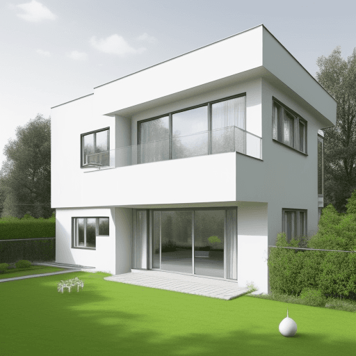 AI generated: modern house in Bauhaus style, big windows towards a nice clean garden with appletrees, 2 storey bui...