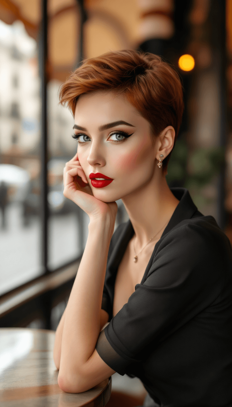 AI generated: /imagine prompt: A chic French woman with light beige skin, green cat-shaped eyes, and short pixie-c...