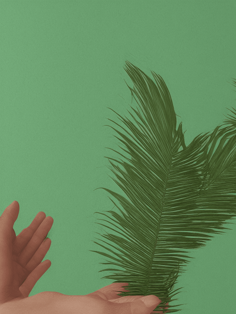 AI generated: a realistic single palm in front of the artwork (in the middle) on a smooth green lofi background, h...