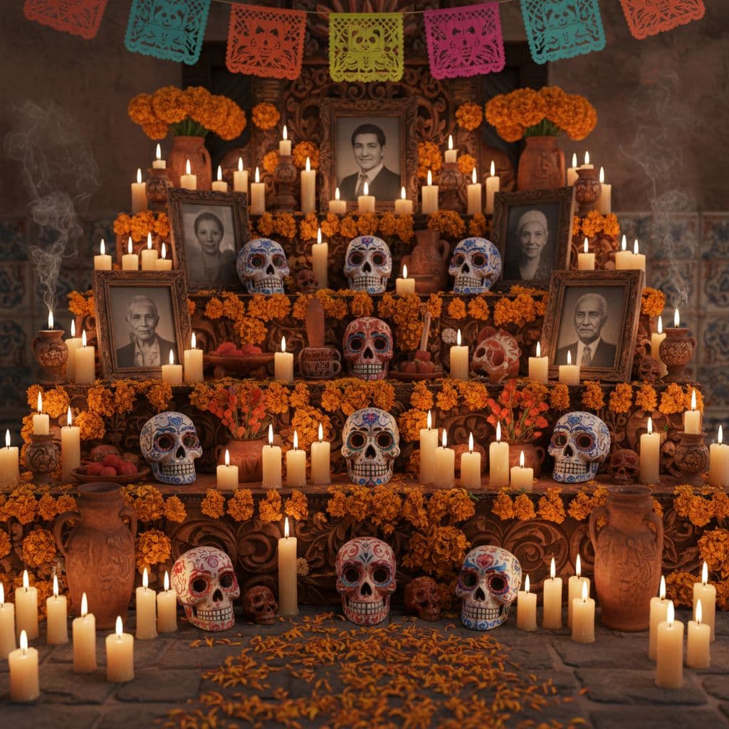 AI generated: “A colorful Día de los Muertos altar with glowing candles, marigold flowers, sugar skulls, and frame...