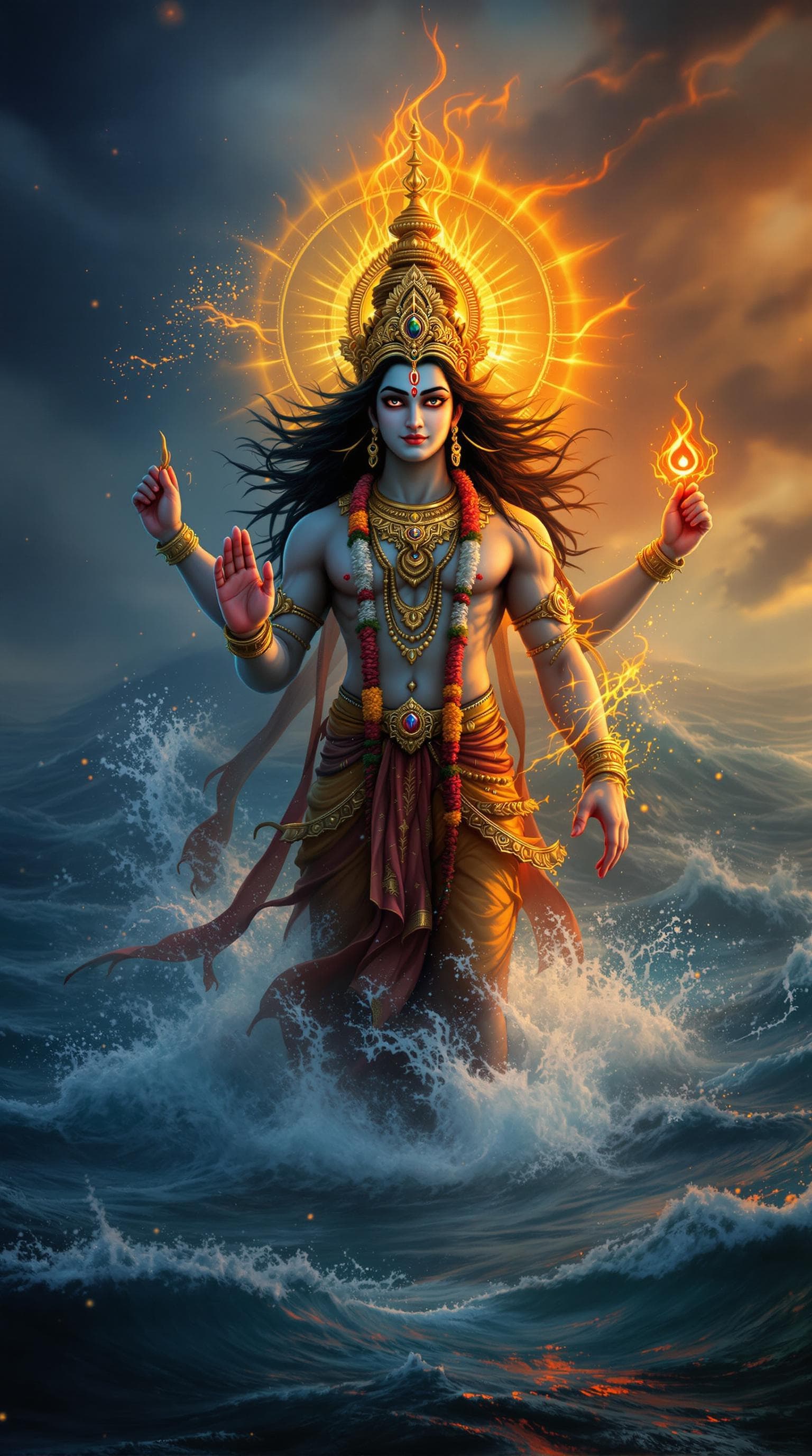 AI generated: IMG_6556.jpg: Lord Vishnu Standing in the middle of the ocean in his Rudra Avatar