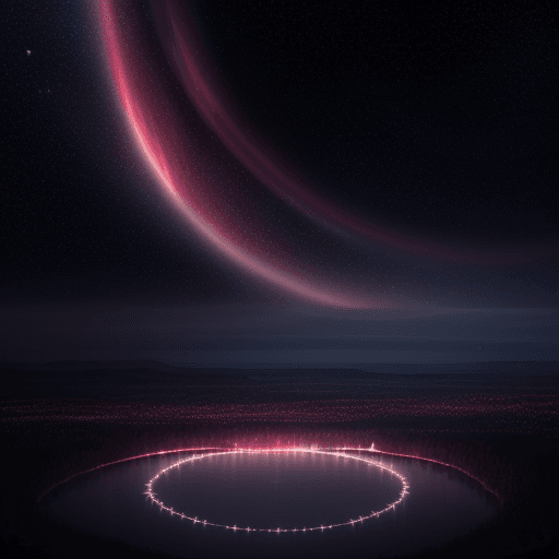 AI generated: Night sky, red twinkling stars, red princess's soft aurora, silver crescent, fairy tale light, stars...