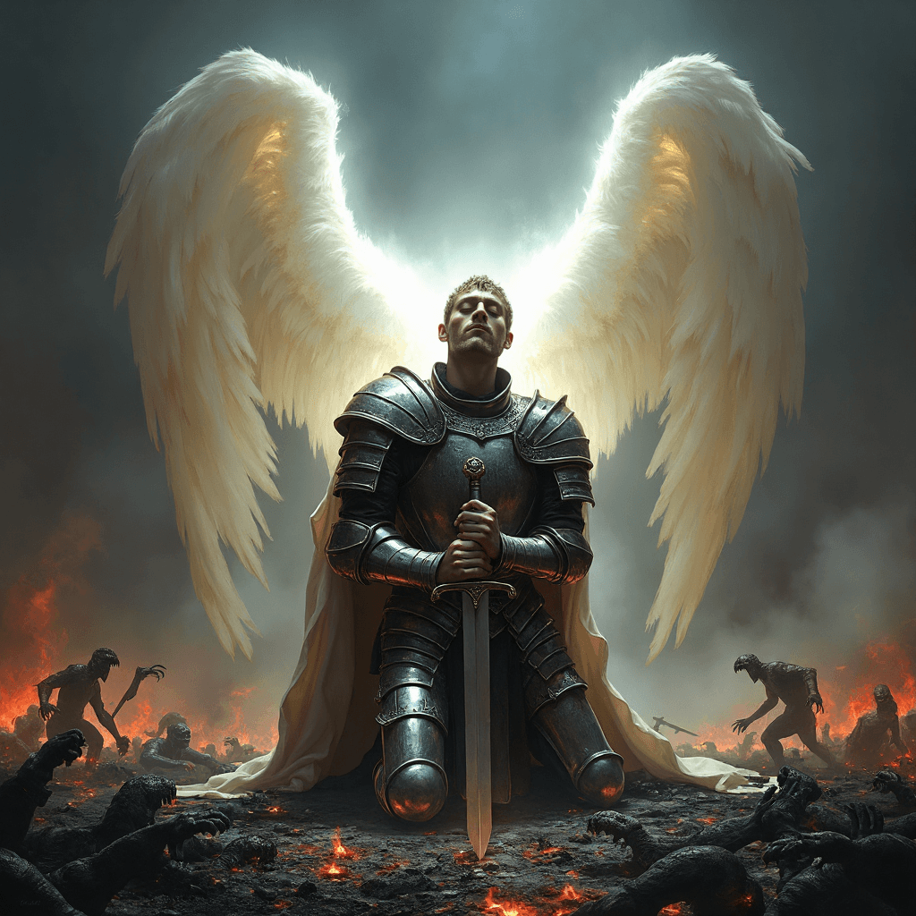 AI generated: A devout paladin, clad in battered and weathered armor, kneels solemnly on a scorched battlefield sh...
