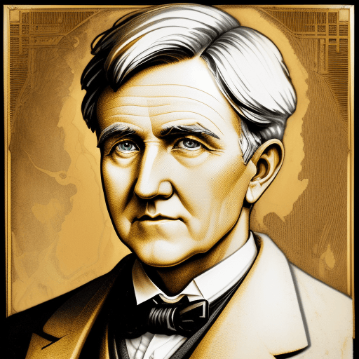 AI generated: portrait of Thomas Edison with painted face in golden brown with white outline, monumental ink paint...