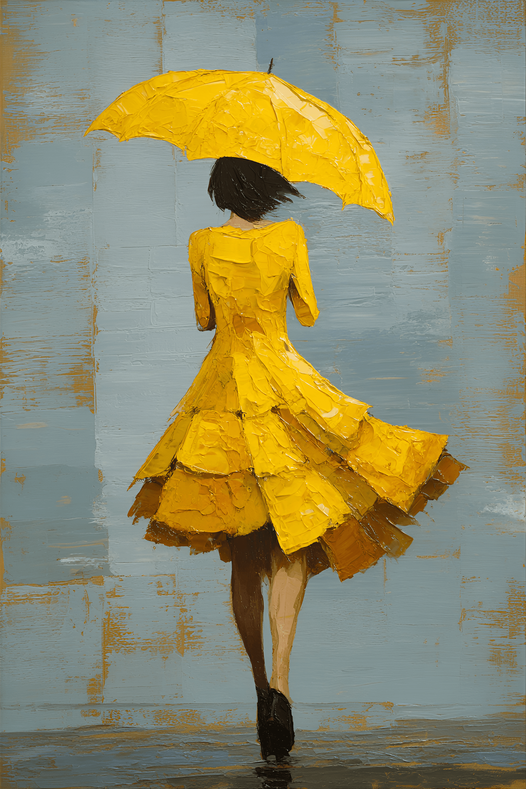 AI generated: silhouette of a woman walking away from the viewer, beneath an open umbrella. The woman is depicted ...