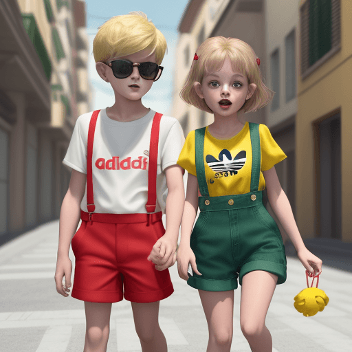 AI generated: funny boy and girl age one two years, they are Playing in the street with a red little dog, season s...