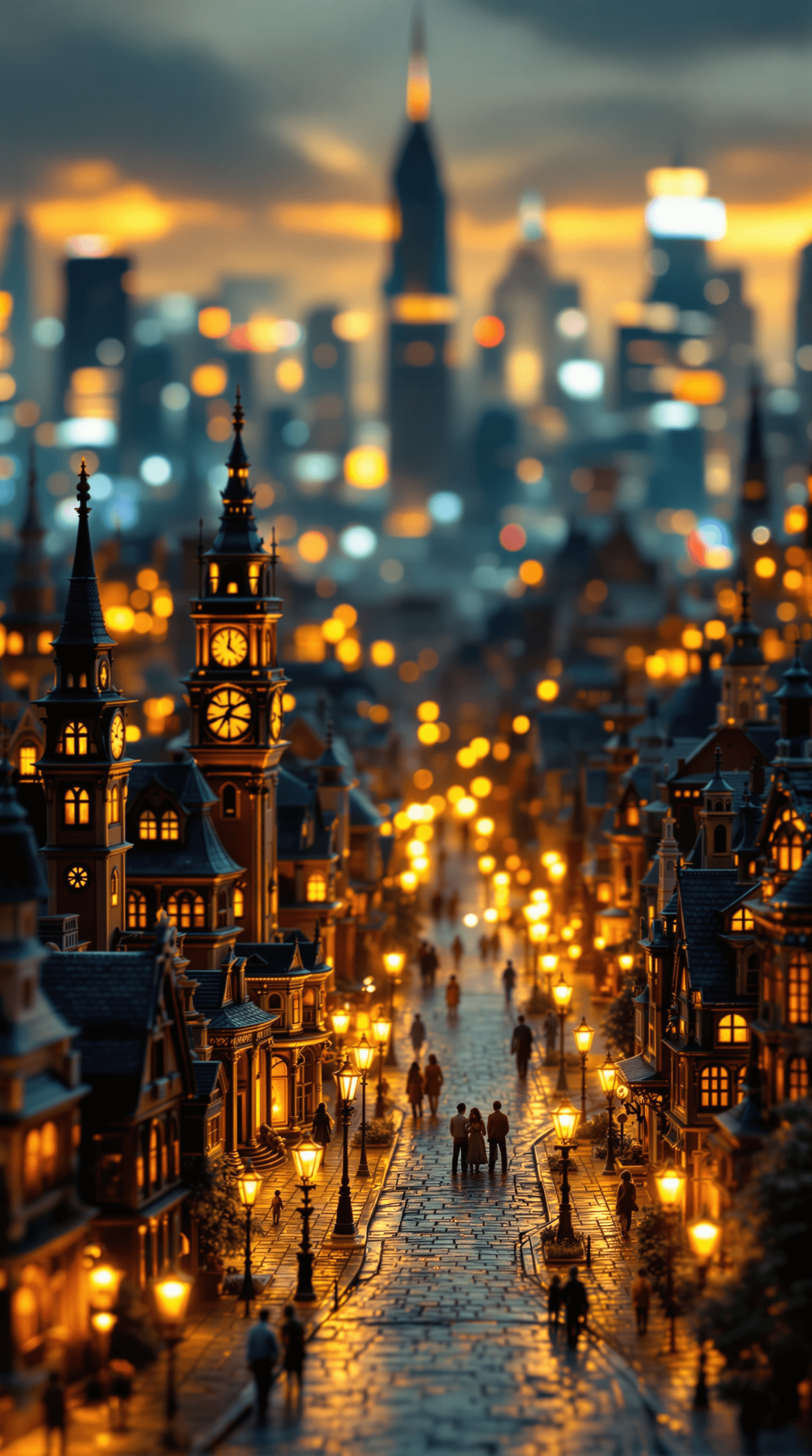 AI generated: A stunning, highly detailed miniature cityscape illuminated by warm golden lights against a futurist...