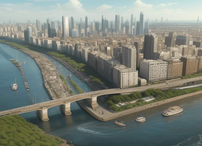 AI generated: ((A R T)), river and city landscape, sea, mix background), setting top view, Top view