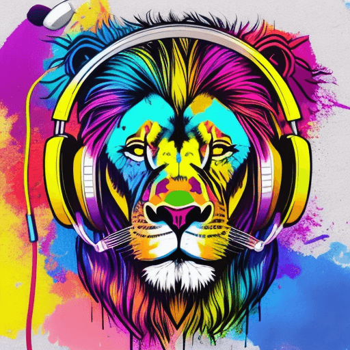 AI generated: t-shirt design, colorful lion with headphones on, graffiti art by Wolfgang Zelmer, Artstation, maxim...