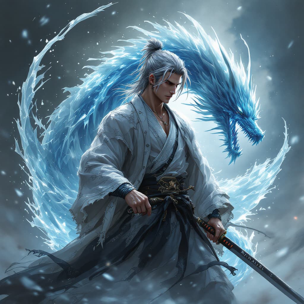 AI generated: ice dragon backround,gray hair, masculine samurai with a katana, "MichalisBS" writtenone time on the...
