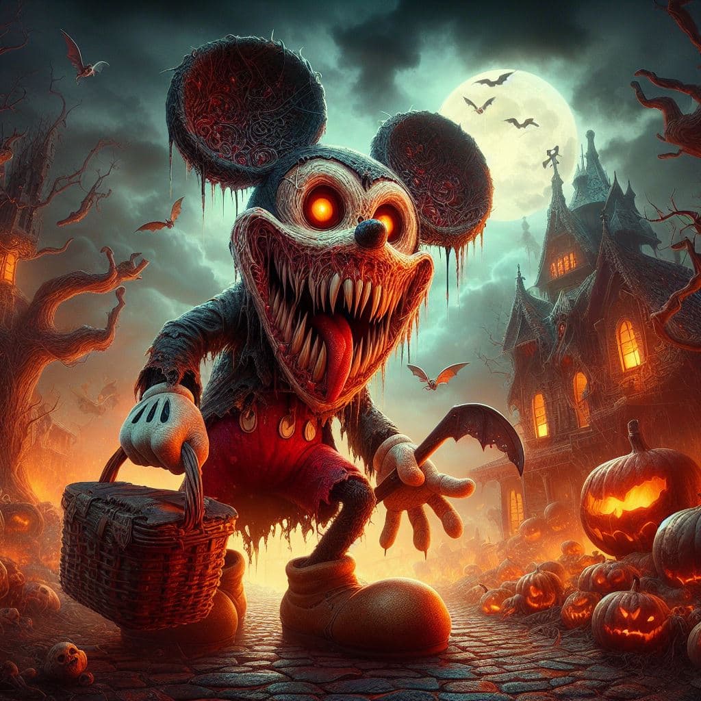 AI generated: heavy nightmare Version  of Mickey Mouse or Minnie Mouse or Goofy, photorealism, fantasy, dynamic li...