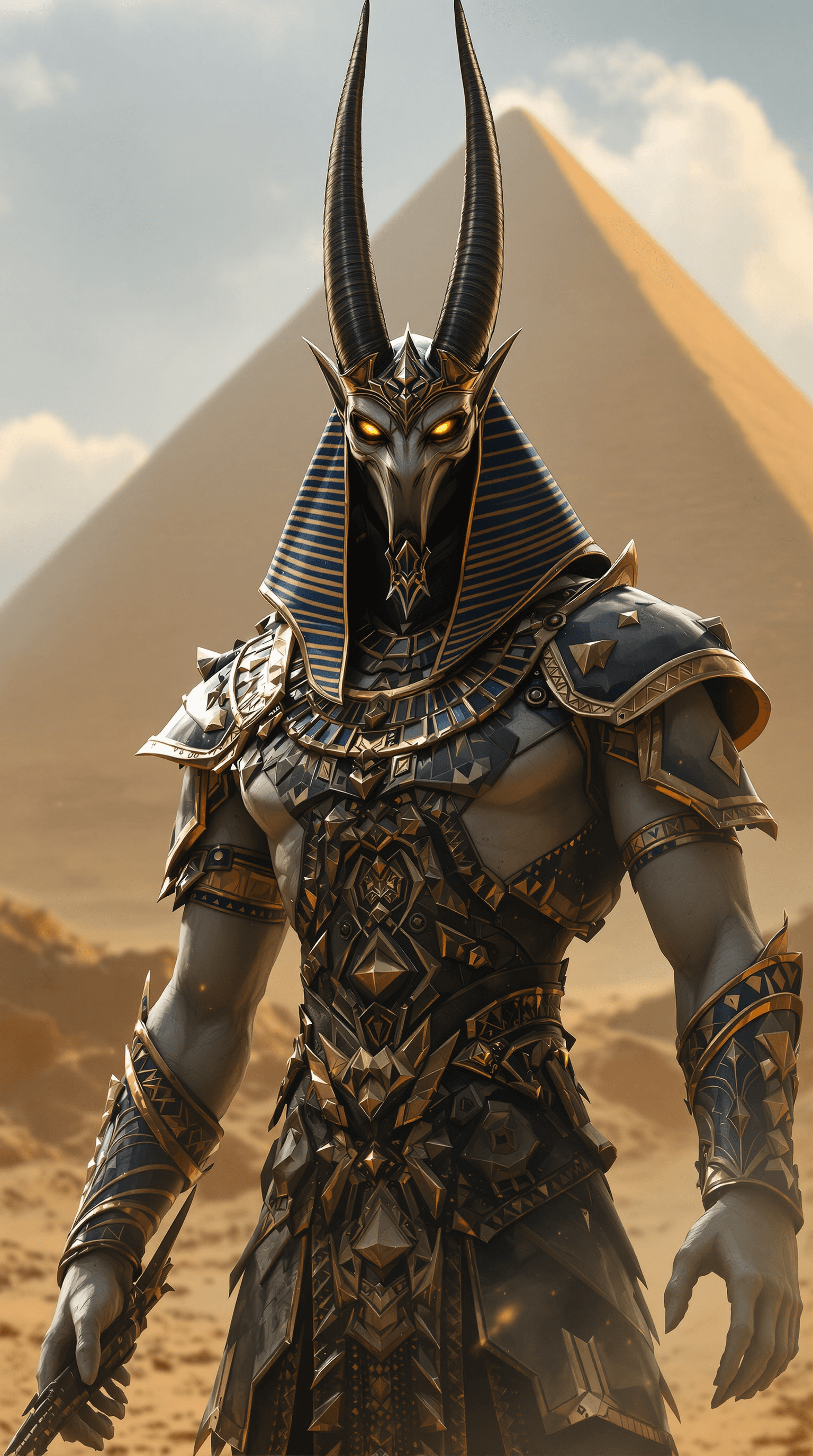 AI generated: anubis god egypt, background pyramid, glowing eyes, god, egypt, sand,heavy fantasy armor, full body ...