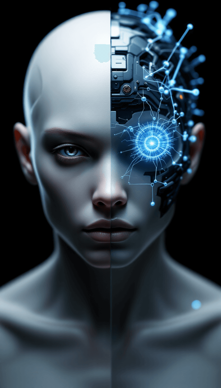 AI generated: Hyper-realistic mid-body portrait of a non-binary sentient artificial intelligence with completely n...