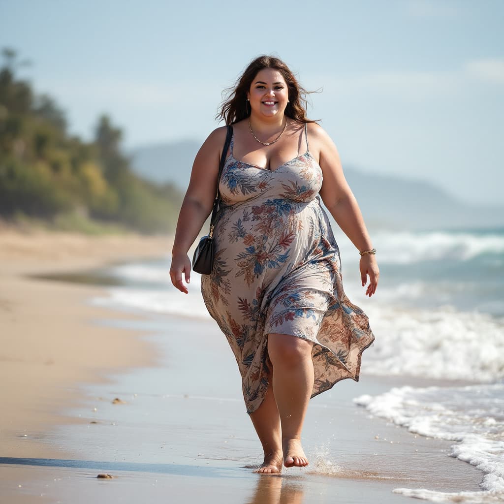 AI generated: Photo of a larger 
woman walking on the beach 