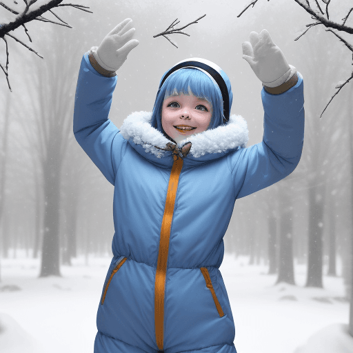 AI generated: a girl in a snow suit dances in winter, snow is falling, there is a lot of snow on the branches of t...