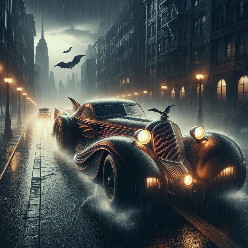 AI generated: Old fashioned 1935 Batmobile in the style of Streamline Moderne and dieselpunk, speeding through Got...
