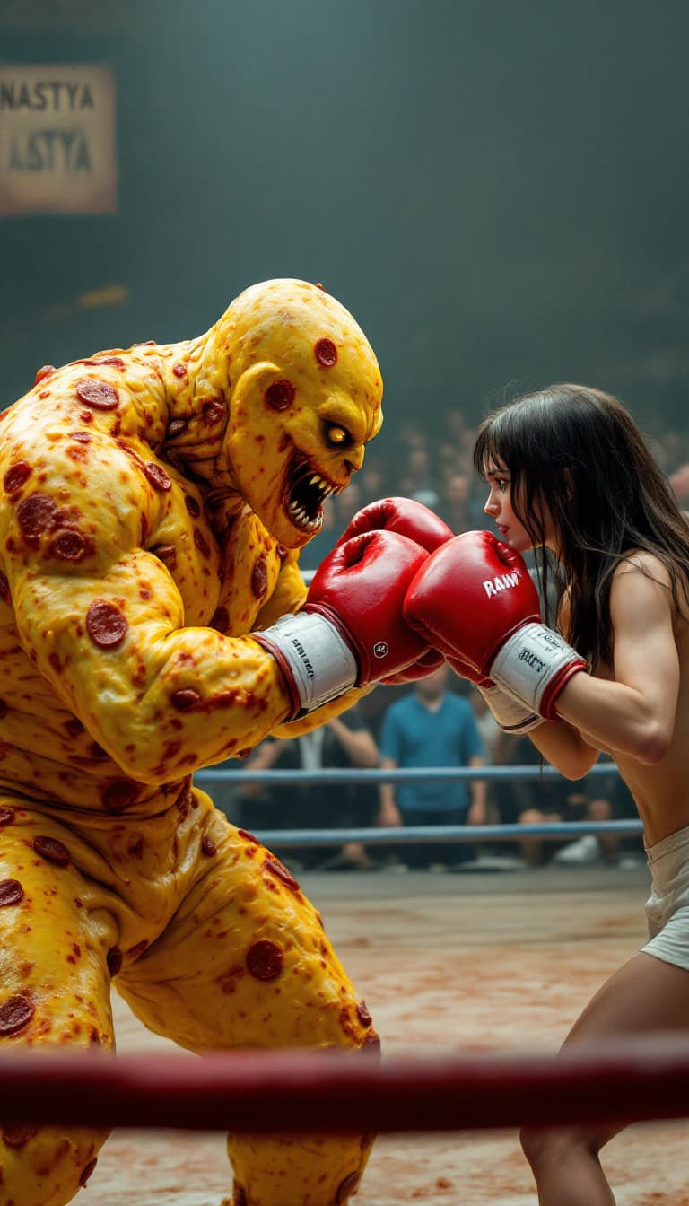 AI generated: RAW, photo of two photorealistic boxers fighting in a boxing arena. The first boxer is a human-like ...