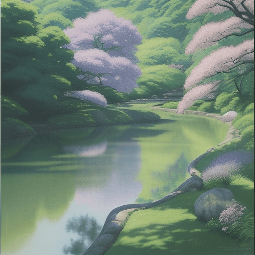 AI generated: Impressionist painting of serene landscapes with sweeping and dappled shadows around each tranquil s...
