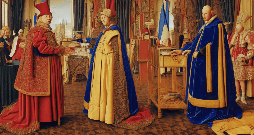 AI generated: France turning to an illiberal democracy, art by Jan Van Eyck