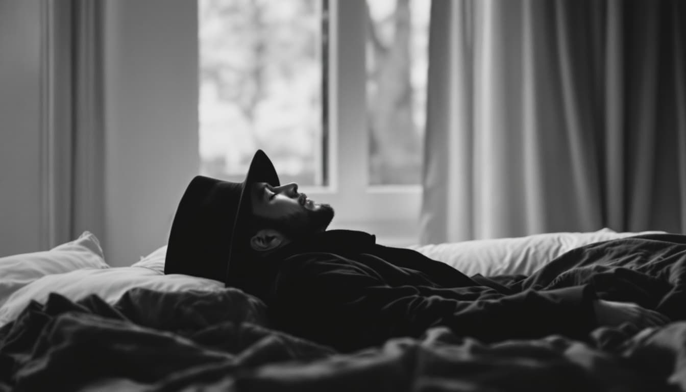 AI generated:  high definition black n white - camera shot from behind- a man in black coat and hat lying on a bed...
