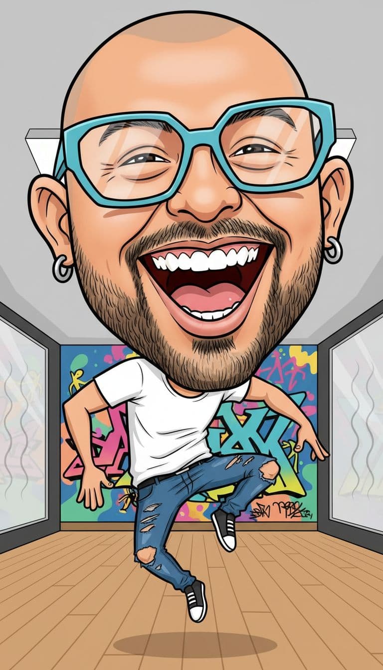 AI generated: funny caricature, hip-hop dancer caricature, a stylish young man with a lean, toned physique (around...