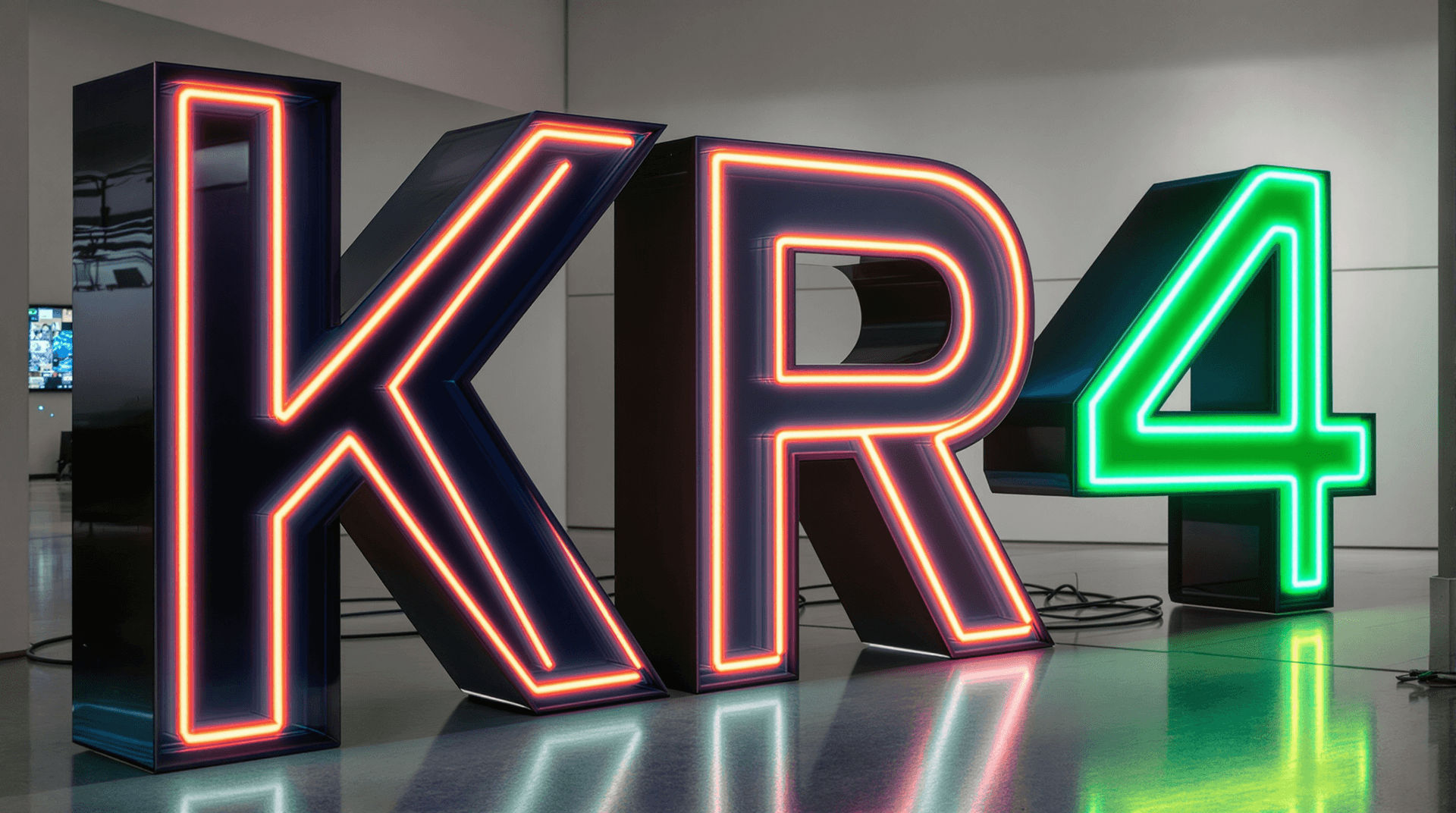 AI generated: A large Neon Light sculpture of the word "KR4" stands out in the floor, made of Neon-colored with a ...
