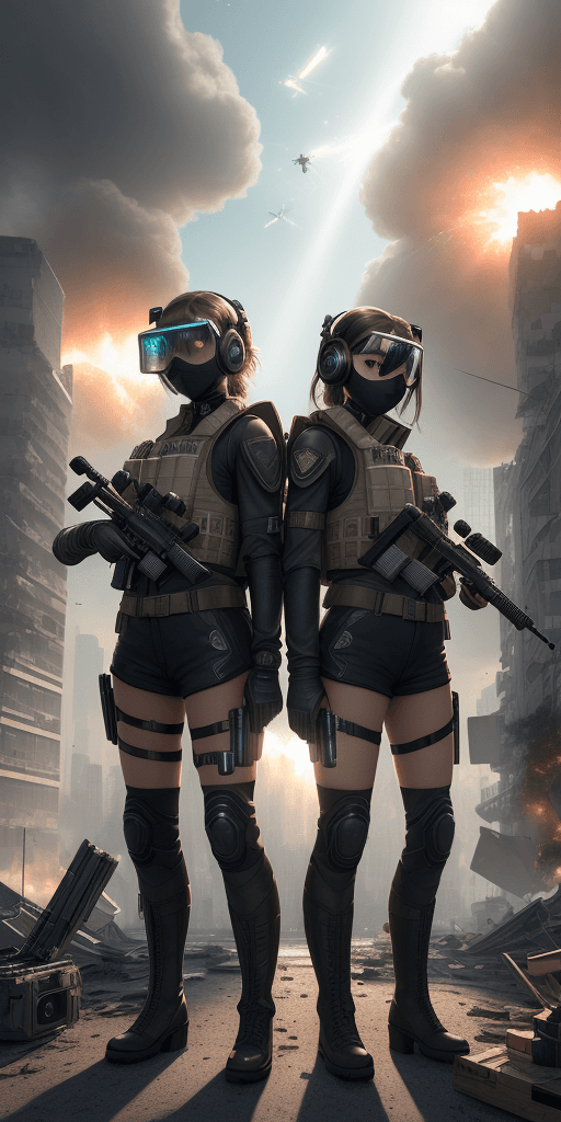 AI generated: ((high quality)), ((masterpiece)), 16k, 2girls, bulletproof vest, light rays, extremely detailed CG ...
