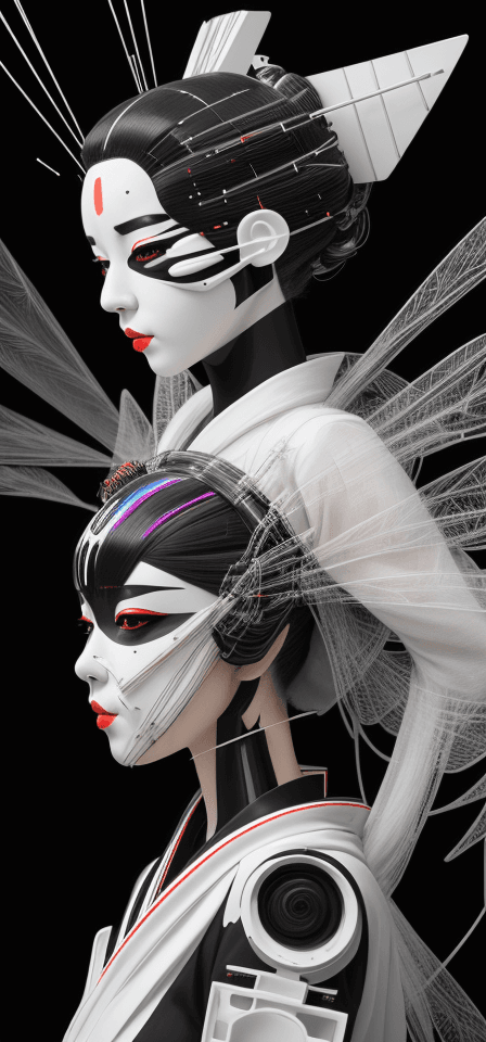 AI generated: a woman wearing a white and black costume with black wires in the face, in the style of mechanized a...