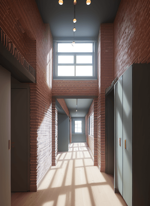 AI generated: High resolution photography of interior design, OF A CORRIDOR INSIDE A HOUSING BUILDING WITH TWO BRI...