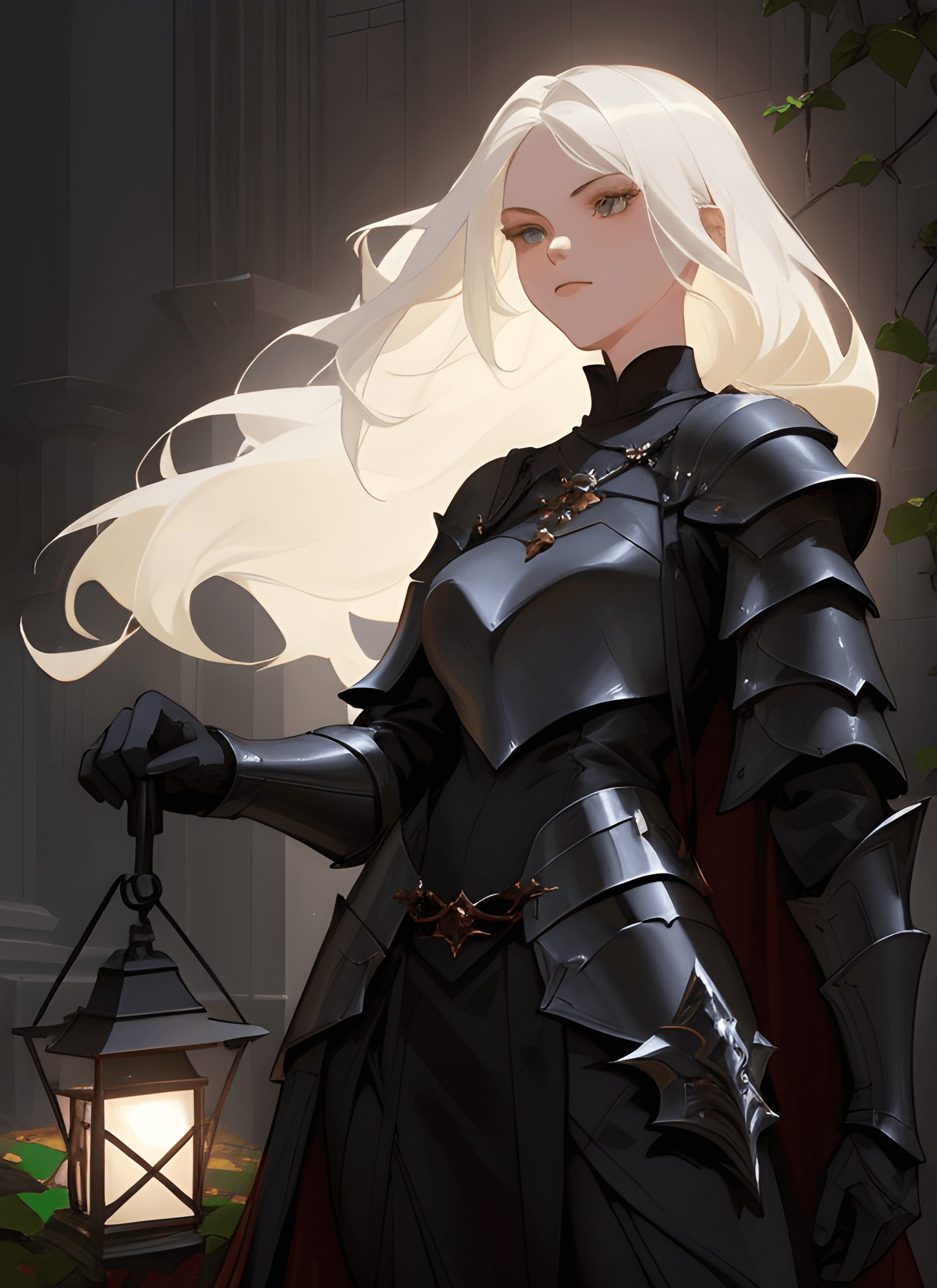AI generated: a woman with white hair holding a lantern, fantasy ttrpg villain, black and reddish color armor, pin...