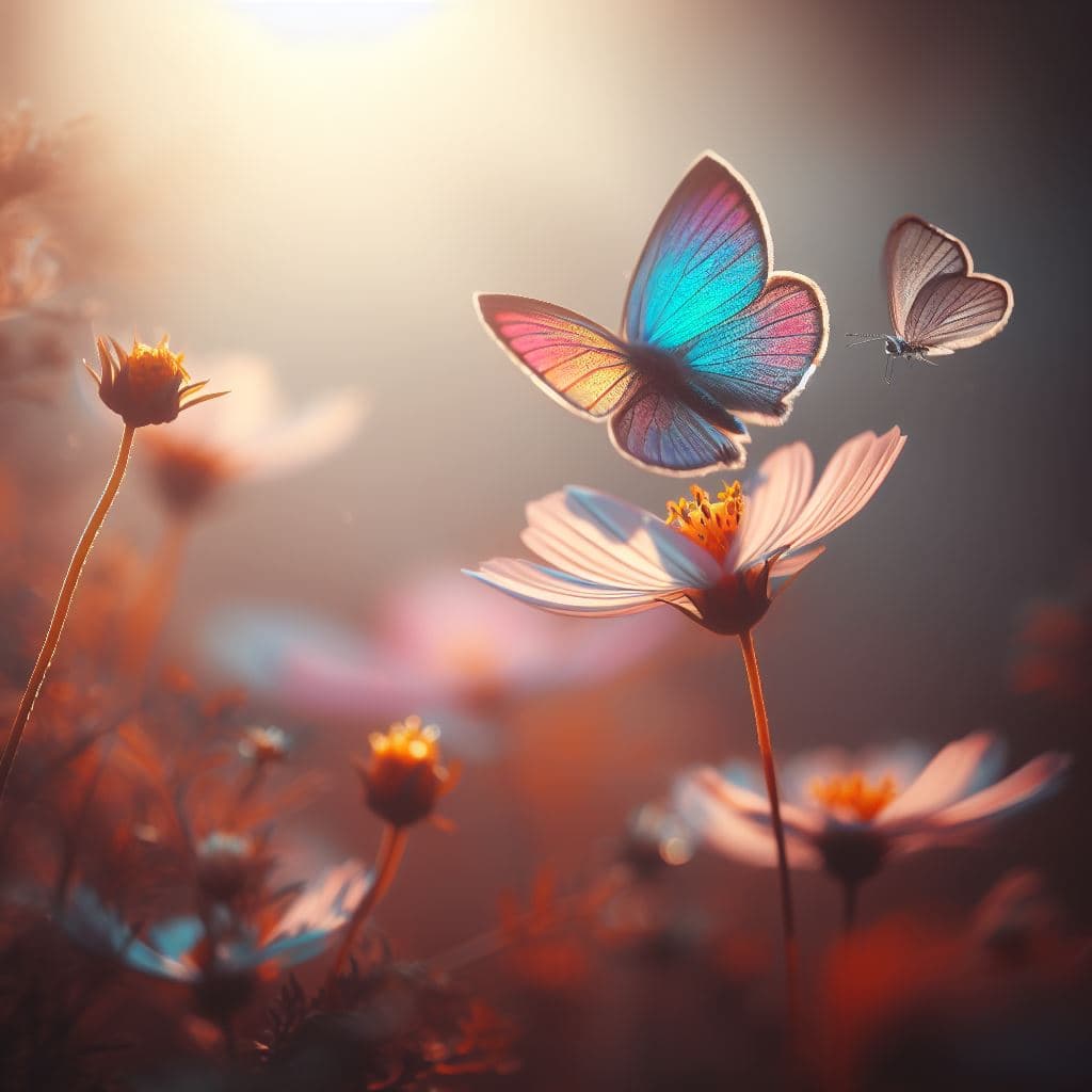 AI generated: A colorful rainbow butterfly on a flower, f:1.2,4k, soft sun lighting
